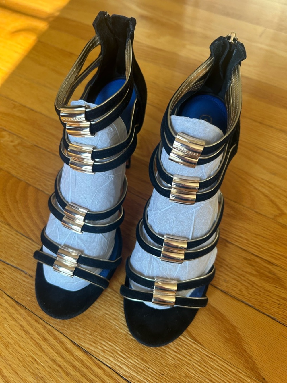 Coach Black Strappy Heeled Sandals with Gold Accents Size 9.5